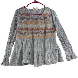 Savanna Jane Striped Tiered Peasant Blouse Embroidered Long Sleeve‎ Women L